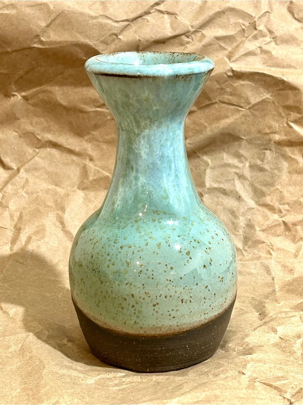 Signed Studio Art Pottery Bud Vase Turquoise 2Tone Speckled Glaze Stoneware 4.5”